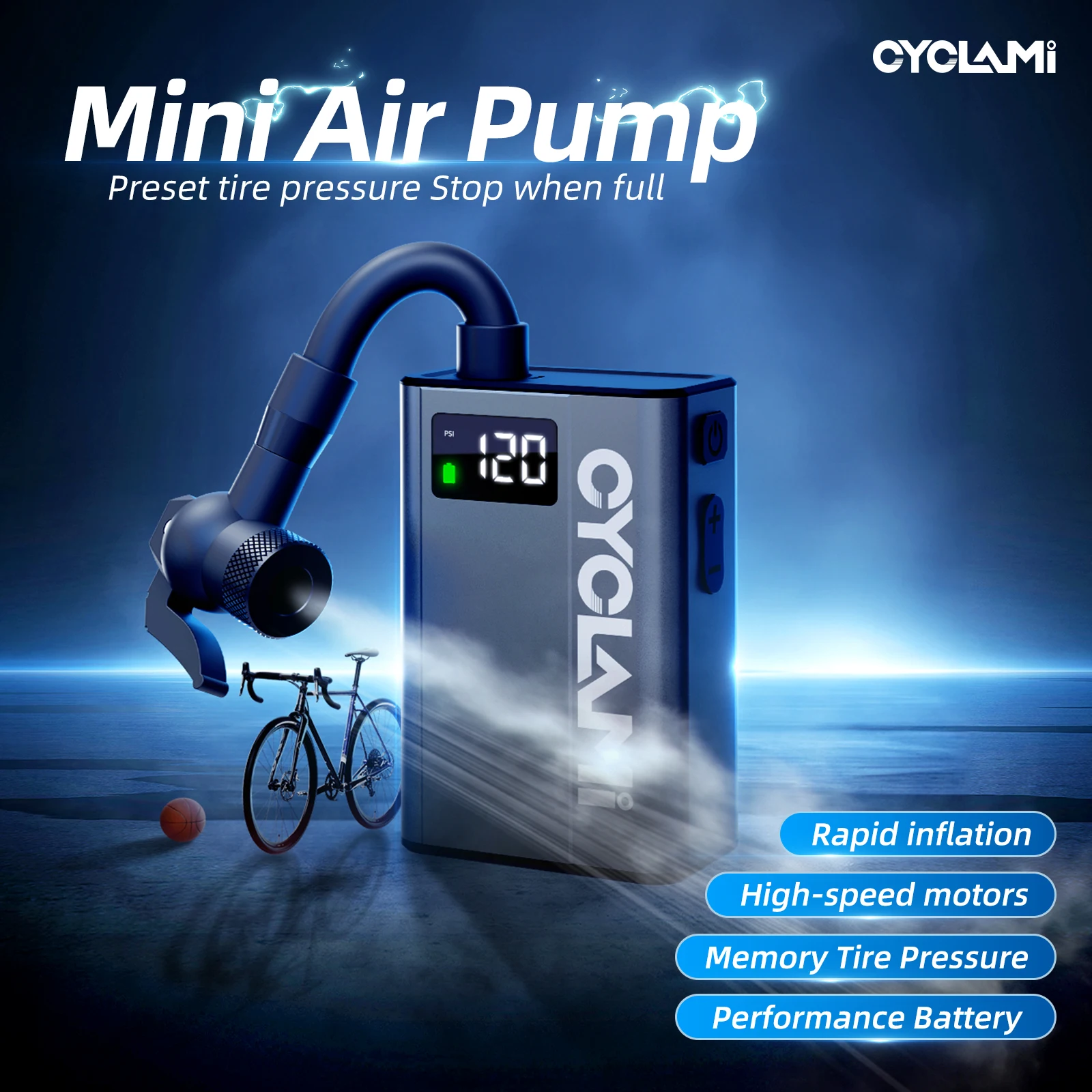 Mini Pompe à Vélo électrique Sans Fil - 120 PSI - Portable, Aluminium - Neuve