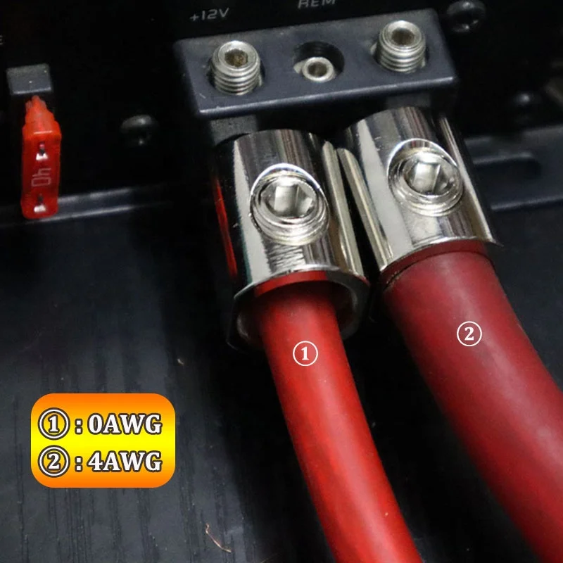 Reduzierstück, 1/0 Gauge auf 4 Gauge (2 Paar), Auto Audio Power/Masse Verstärker Eingangs Reduzieradapter mit AWG 1/0 3/8 Zoll Batterieklemmen und Schrumpfschlauch