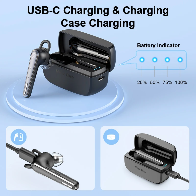 M52 Bluetooth Headset Wireless Bluetooth Earpiece with 500mAh Charging Case 50 Hours Talking Time for IOS Android Cell Phone