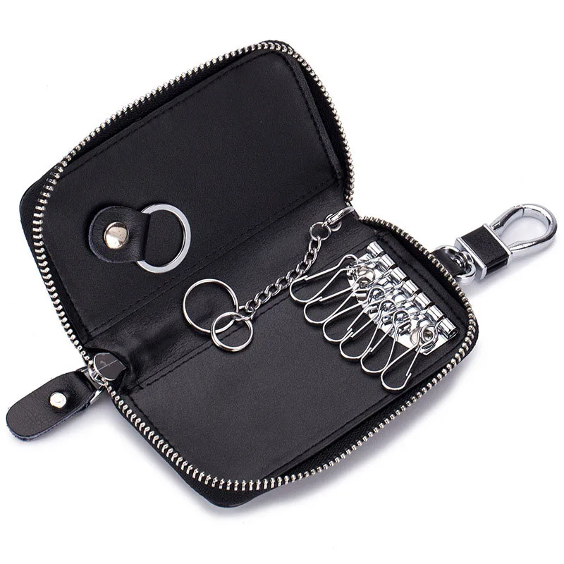 Genuine Leather Men Key Wallet Zipper Housekeeper Key Pouch Holder