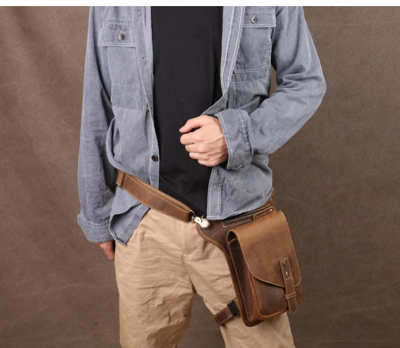 Vintage Genuine Crazy Horse Leather Waist Bag for Men Cowhide Motorcycle Crossbody Leg Saddlebags & Luggage