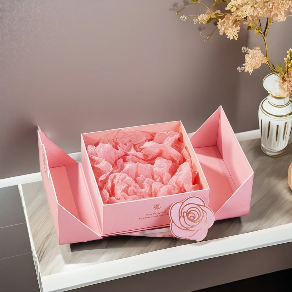 Customized Pink Embossed Logo Paper Romantic Jewelry Gift Box with Ribbon Bow for Cosmetics and Birthday Presents