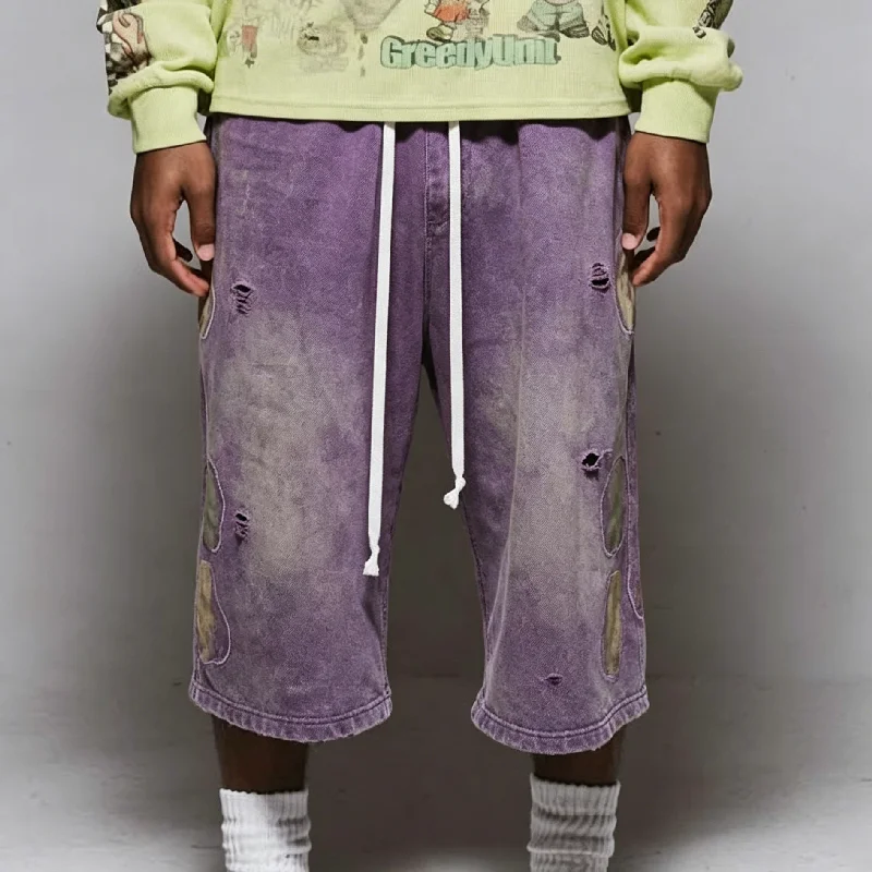 Custom LOGO Acid Washed 100%Cotton 3/4 Extend Long Shorts Running Vintage Distressed Print Plus Size Baggy Sweat Shorts for Men gallery 2