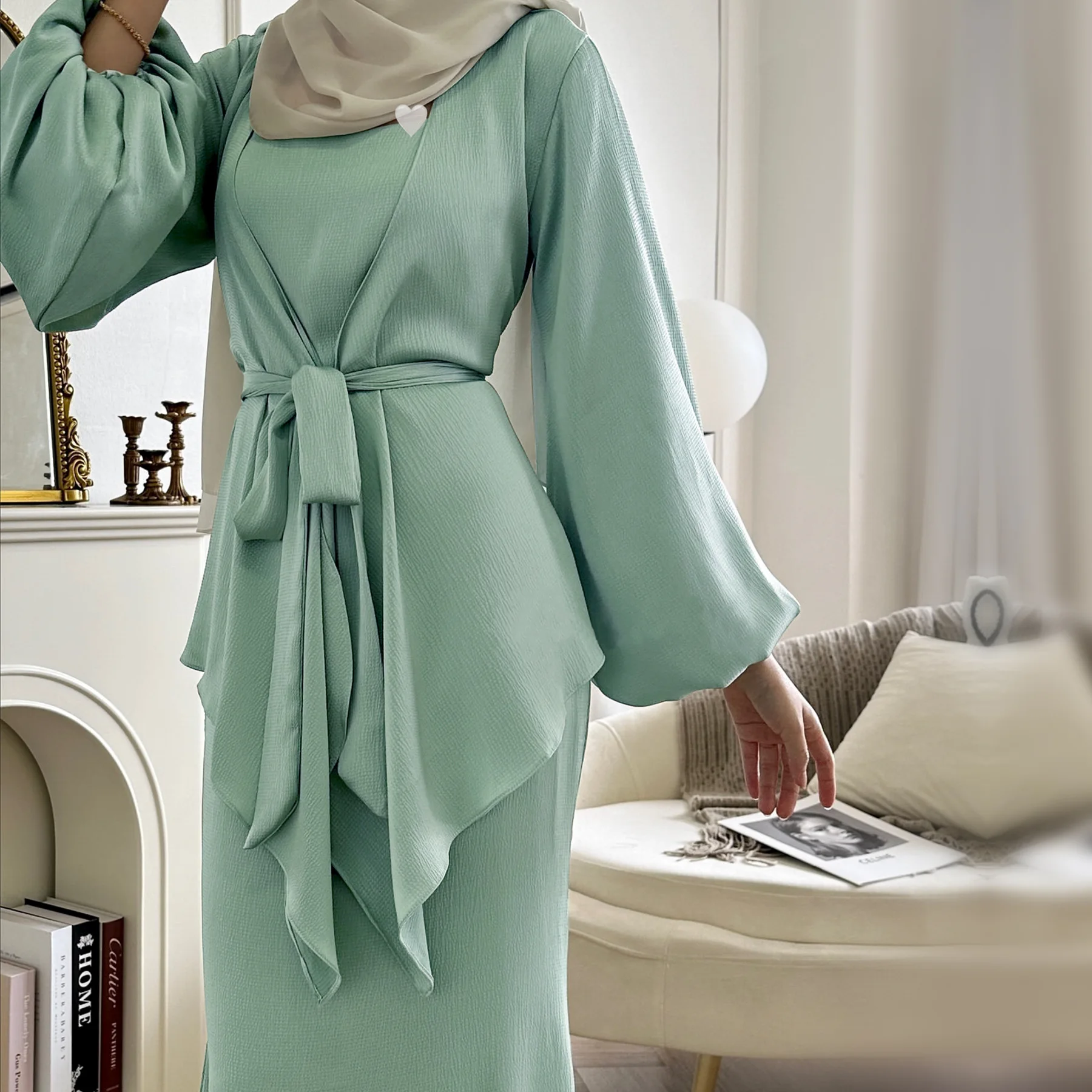 Pure Color Soft Wrinkle Satin Lantern Sleeve Top for Muslim Women