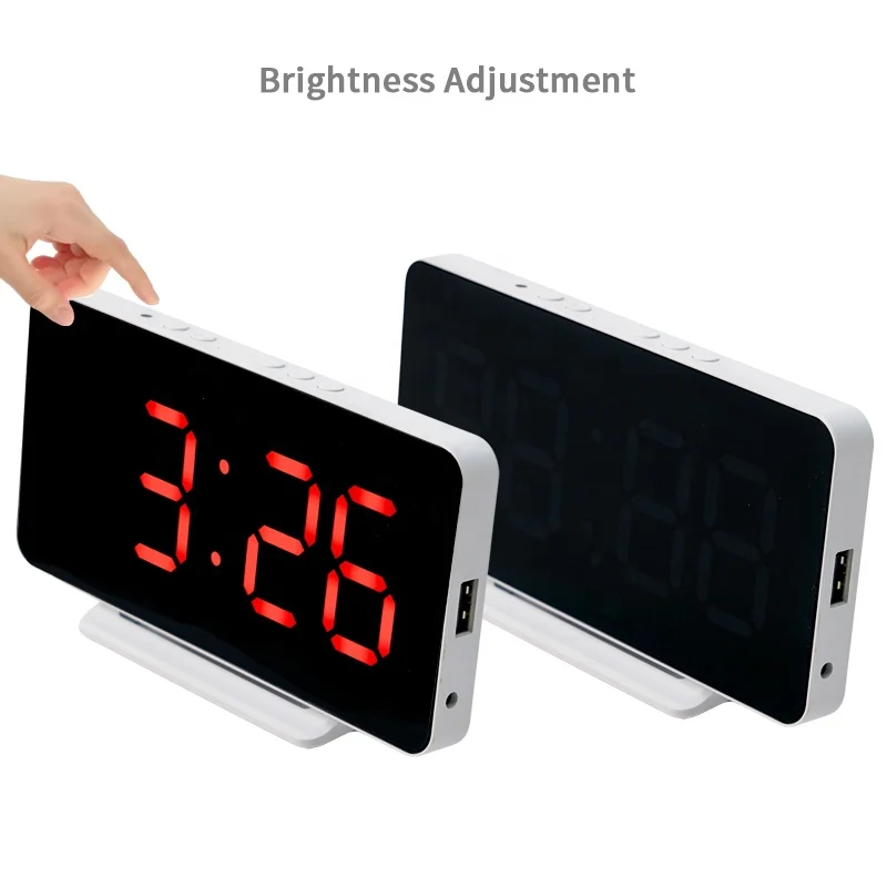 LED Mirror Digital Alarm Clock Electronic Temperature Wall Table Snooze Clock USB Watch Nightlight Home Office Smart Alarm Clock