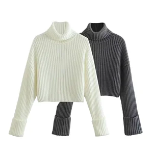 Women's Retro TurtleNeck Long Sleeve Knit Sweater Casual Fashion Two-Color Ribbed Short for Autumn Season with Front Logo
