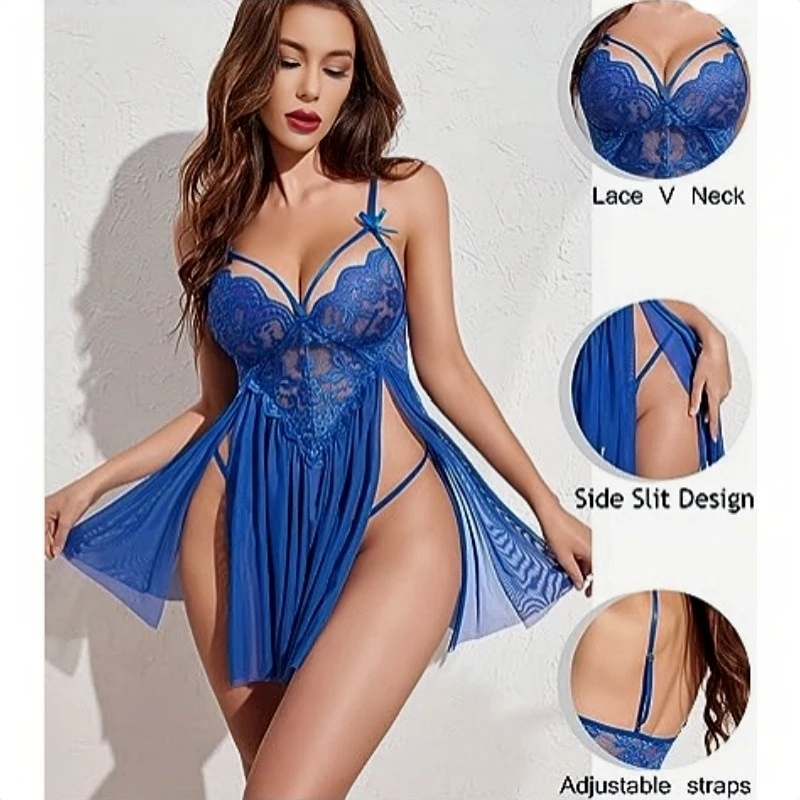 Exotic Women Sexy Lingerie Set V-neck Lace Side Slit Nightgown + Matching  Thongs Suit Plus Size Lady Sexy Pajamas Lingerie