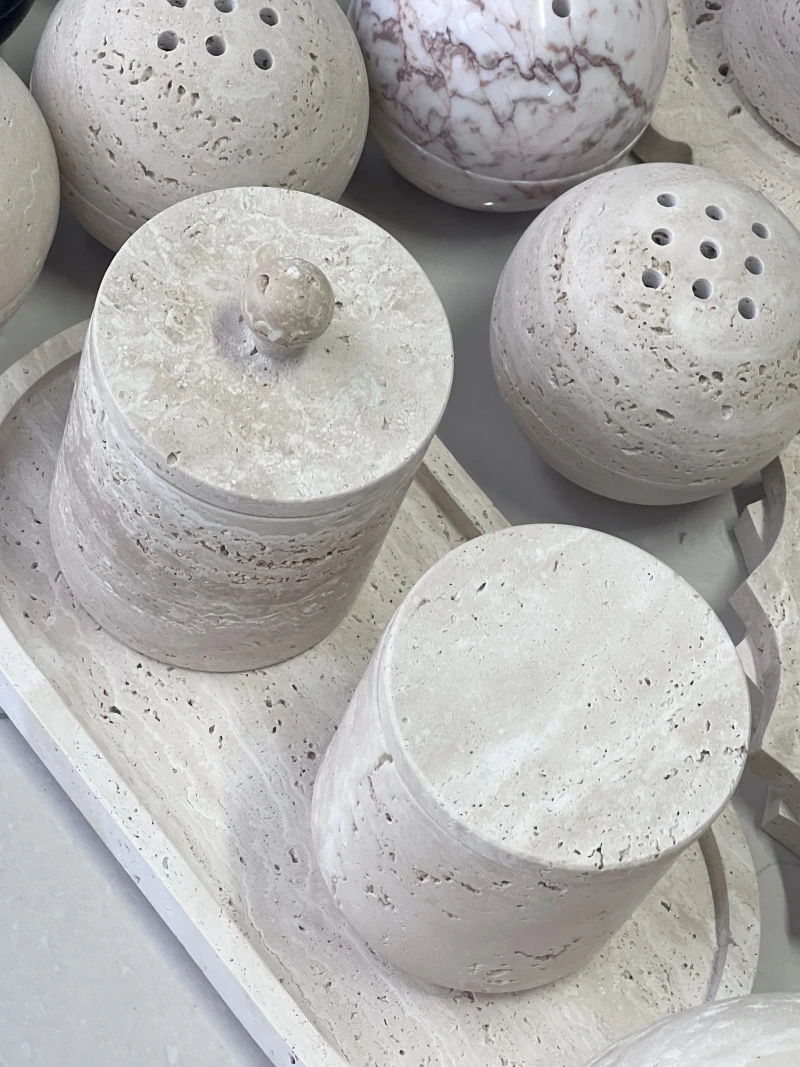 Stonekocc Wabi-sabi Beige Travertine Natural Marble Stone Sundries Storage Tank Candle Jars With Lid And Boxes Packaging