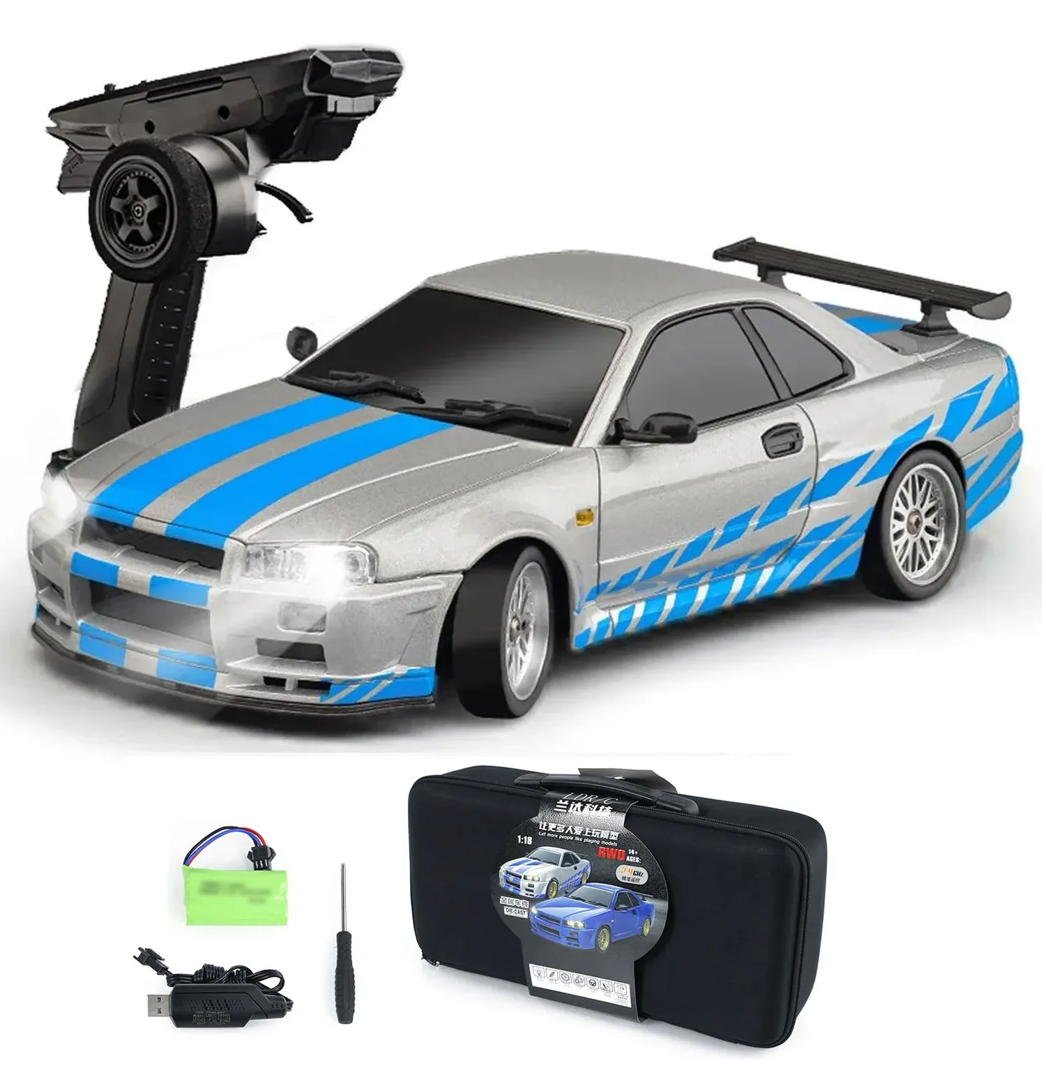 LEDライト付きLD1899リモートコントロールカー1/18後輪駆動GTR