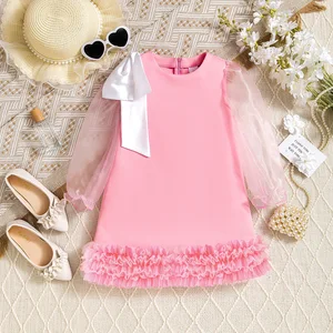 2026 Spring Summer Kids Clothing Solid Color Mesh Long Sleeve a Line Cake Princess Child Dresses Dress Girls