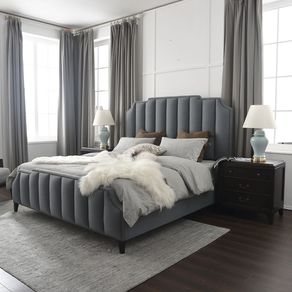 American Modern Bedroom Set Furniture Elegant Gray Bed Elegant Fabric Upholstered King Queen Size Bed Hotel Rivet Double Bed Buy Bedroom Sets King Size Bed Bedroom Product On Alibaba Com