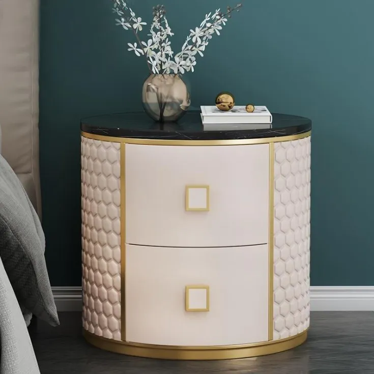 Bedroom Furniture Bedside Table Luxury Round Marble Leather Table Storage Bedside Cabinet for Home Hotel
