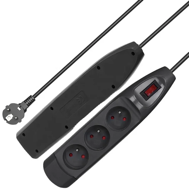 Wholesales black 3m French extension cord socket 3way with switch ground wire standard trailing wiring board power strip
