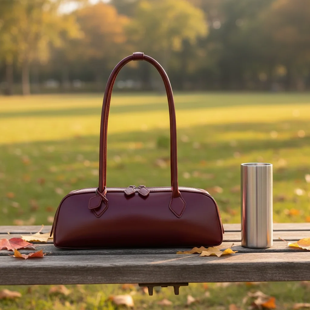 Burgundy Minimalist All Seasons Hobo Bag PU Leather Underarm Shoulder Handbag Single Strap Zipper Closure Polyester Lining for