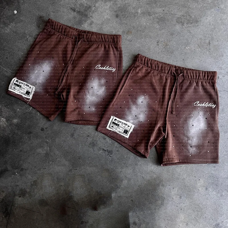 Custom Track Sweat Acid-wash-short Unisex Oversized Fleece Distressed Cotton Sun Faded Rhinestone Baggy Acid Wash Short for Men