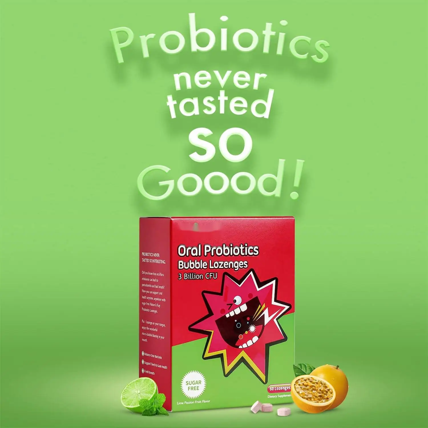Sugar Free Oral Probiotic Bubble Lozenges Tablet 3 Billion CFU Support Teeth Gums Health and Fresh Breath