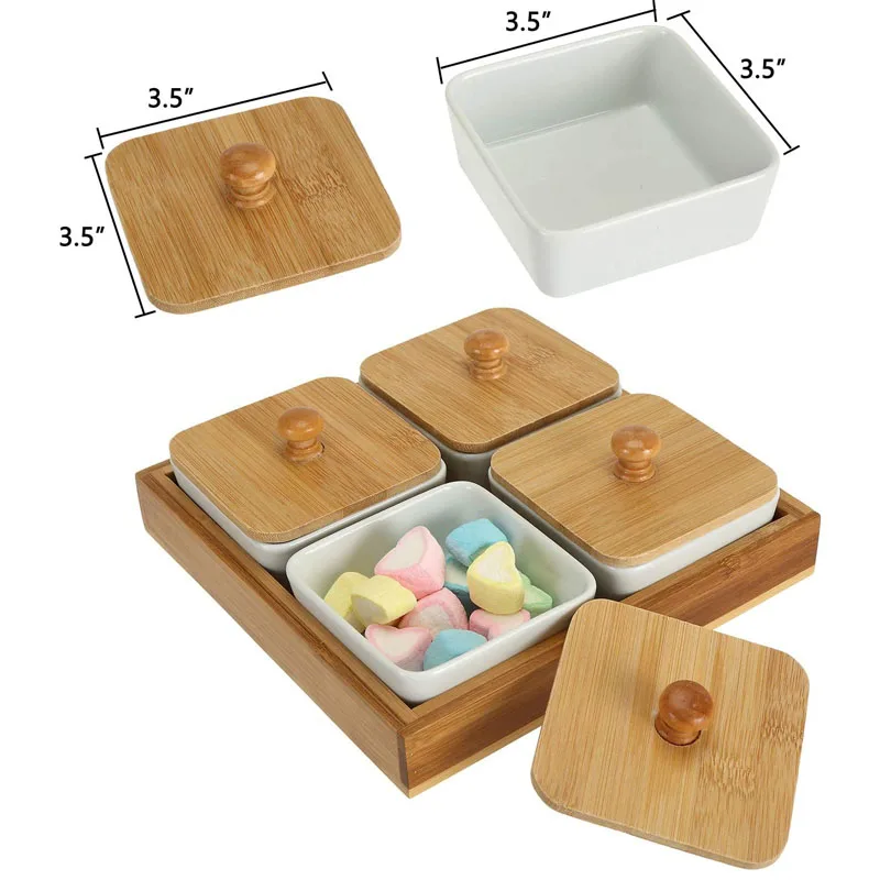 Ceramic Serving Tray Set 3 Section Divided Bowls With Bamboo Board Tray | Appetizer, Snack, Dip, And Starters Platter For Christmas And Special Occasions - View #3