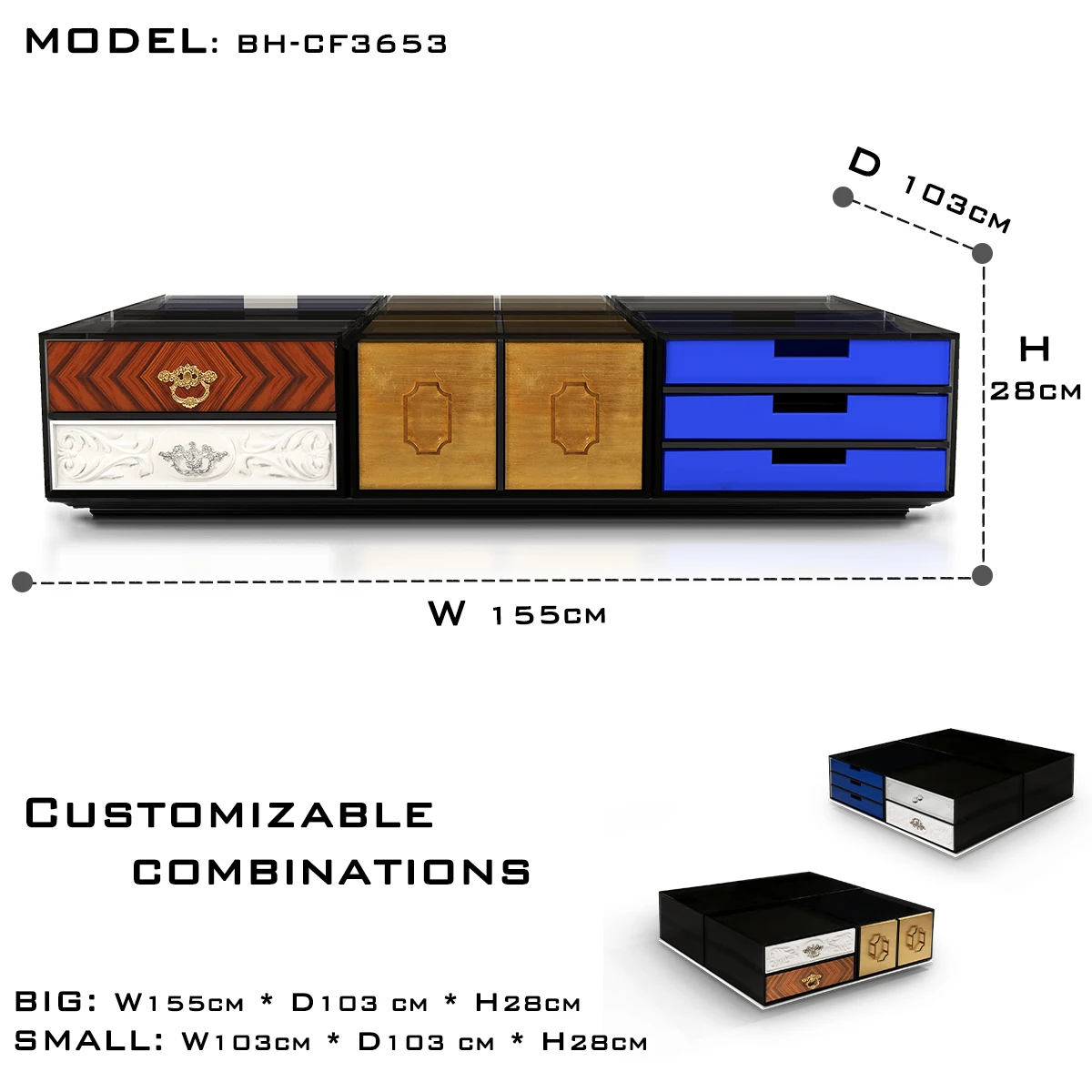 Modular Contemporary Coffee Table - Customizable Drawers, Luxurious Materials