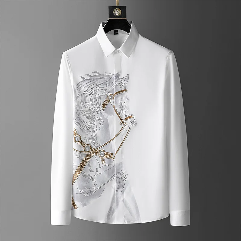 Party Silk Slim Office Men Tee Dress Shirts Casual Wash and Wear Shirts Clothes Business Long Sleeve Printing Shirts