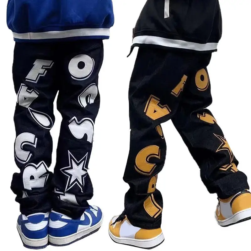 Custom Logo Print Embroidered Letter Pattern Street Personality Loose Large Men's Jeans