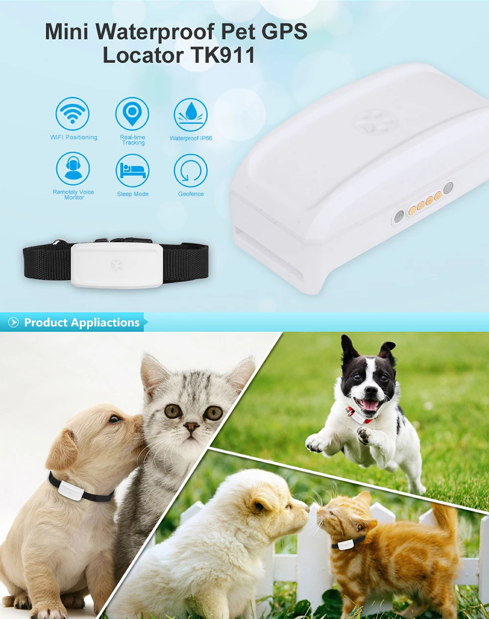 Mini Pet Gps Tracker Collar For Dog Cat Tkstar Tk911 Waterproof Real
