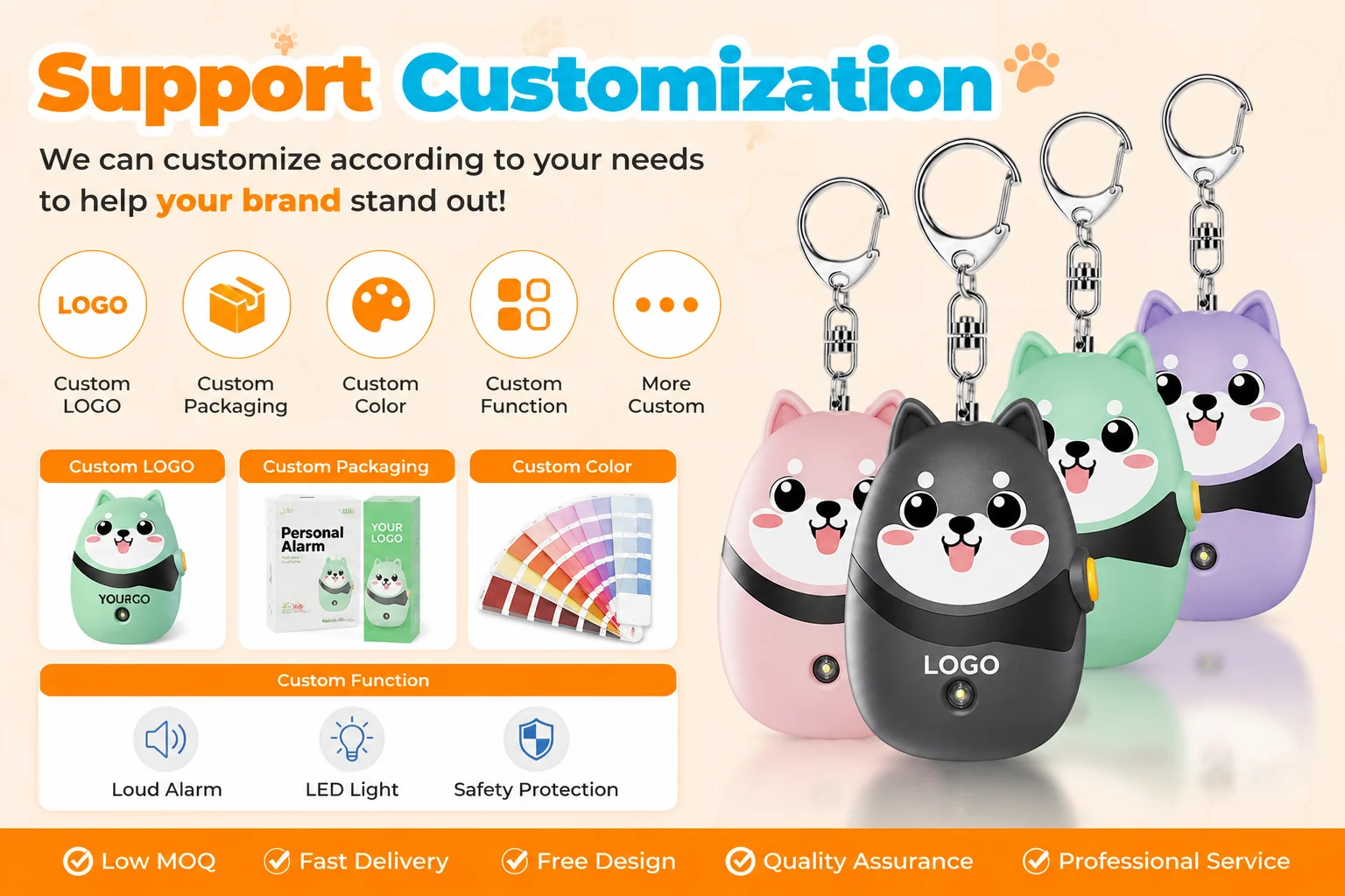 OEM/ODM Rechargeable Personal Alarm Keychain 130DB Safety Alarm with LED Light for Women Kids factory