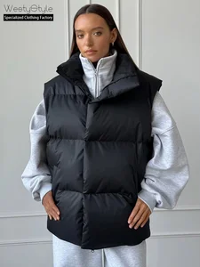 Women's Autumn Winter Solid Fleece Double Breasted Puffer Vests Zip Padded Thick Eco-Friendly Outerwear Jackets Pockets Long