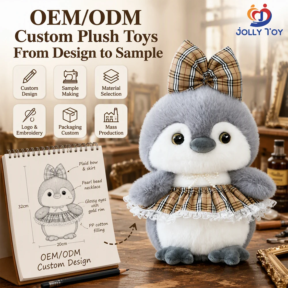 Brinquedo de pelúcia macio com design personalizado: pinguim fofo em cinza, saia xadrez com laço e pérolas, 32 cm, brinquedo de pelúcia