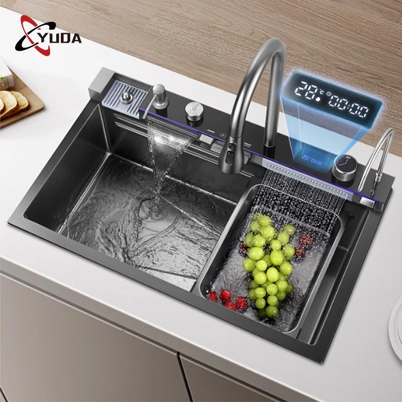 Smart Digital Display Double Kitchen Sink 304 Washing Fruit Vegetable Handmade Kitchen Sink With Cup Washer