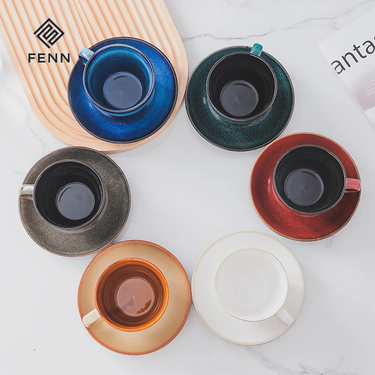 FENN Modern Drinkware Latte Cup Colorful Shiny Reactive Glazed Chinese Porcelain Cup and Saucer / Ceramic Coffee Tea Cup Set