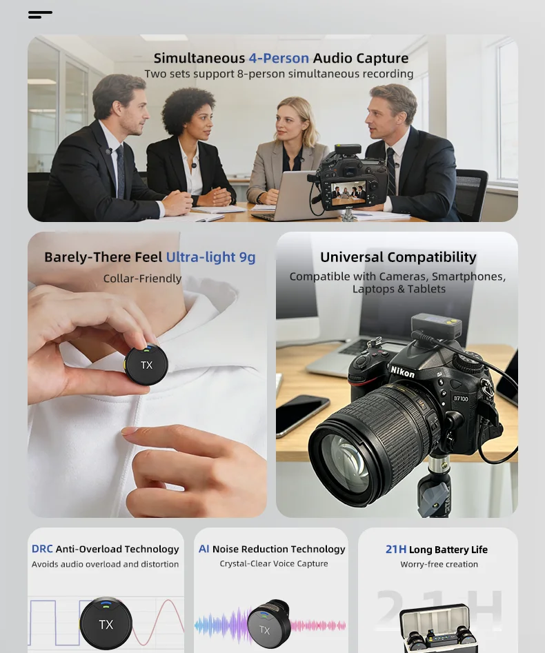 Professional Circular Wireless Lavalier Microphone with Magnetic Invisible Clip-on Mic Noise Cancelling for YouTube TikTok Vlog