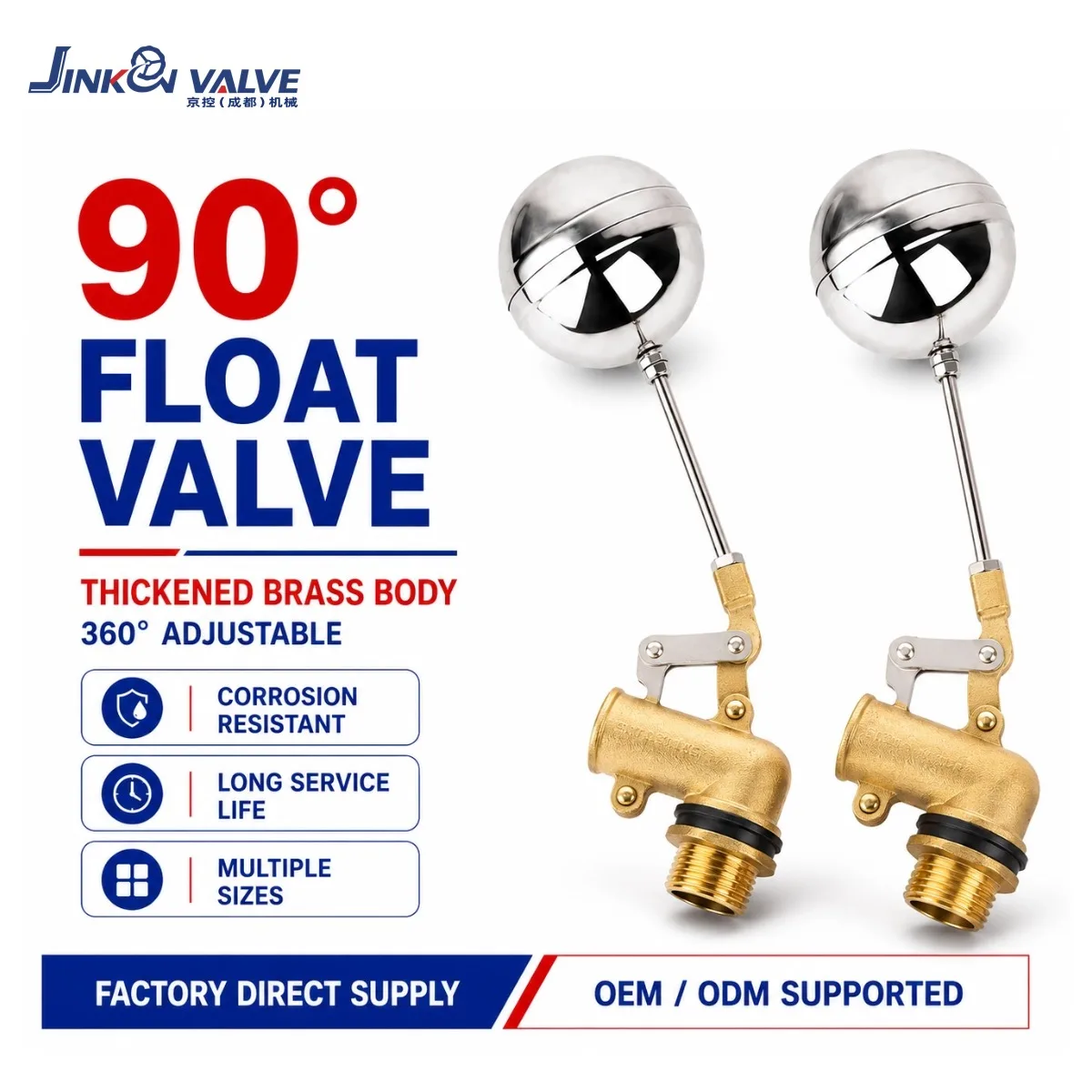 90 Degree Brass Float Valve Water Tank 360 Adjustable 304 Stainless Steel Ball Valve 1/2-1" OEM JINKON VALVE FQ-T No Power