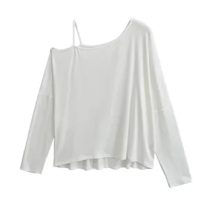 Customized Women's Long-Sleeved Asymmetrical Neck Bamboo T-Shirt Solid Plus Size Cotton Polyester Top Customizable Logo Printing