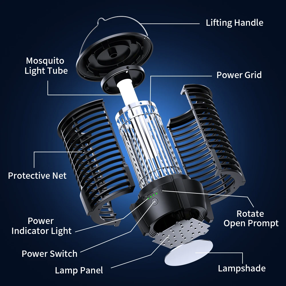 2-in-1 Rechargeable Mosquito Zapper & Camping Lantern - 3600mAh Battery - 2000V Electric Insect Killer with Bionic Trap Technology - Waterproof Outdoor Bug Trap - Black