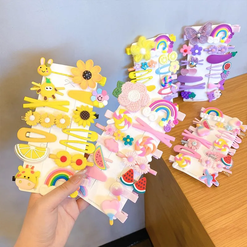 New Design 14Pcs/Set Cartoon Candy Color Cute Hair Barrette Rainbow Cloud Lollipop Clip Pin Accessories Set for Kids Girls