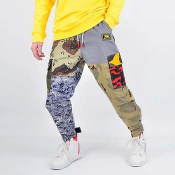 2021 Trendy Streetwear men street cotton chain pants Men's Drawstring Camouflage Patchwork Color Block Workwear Pants