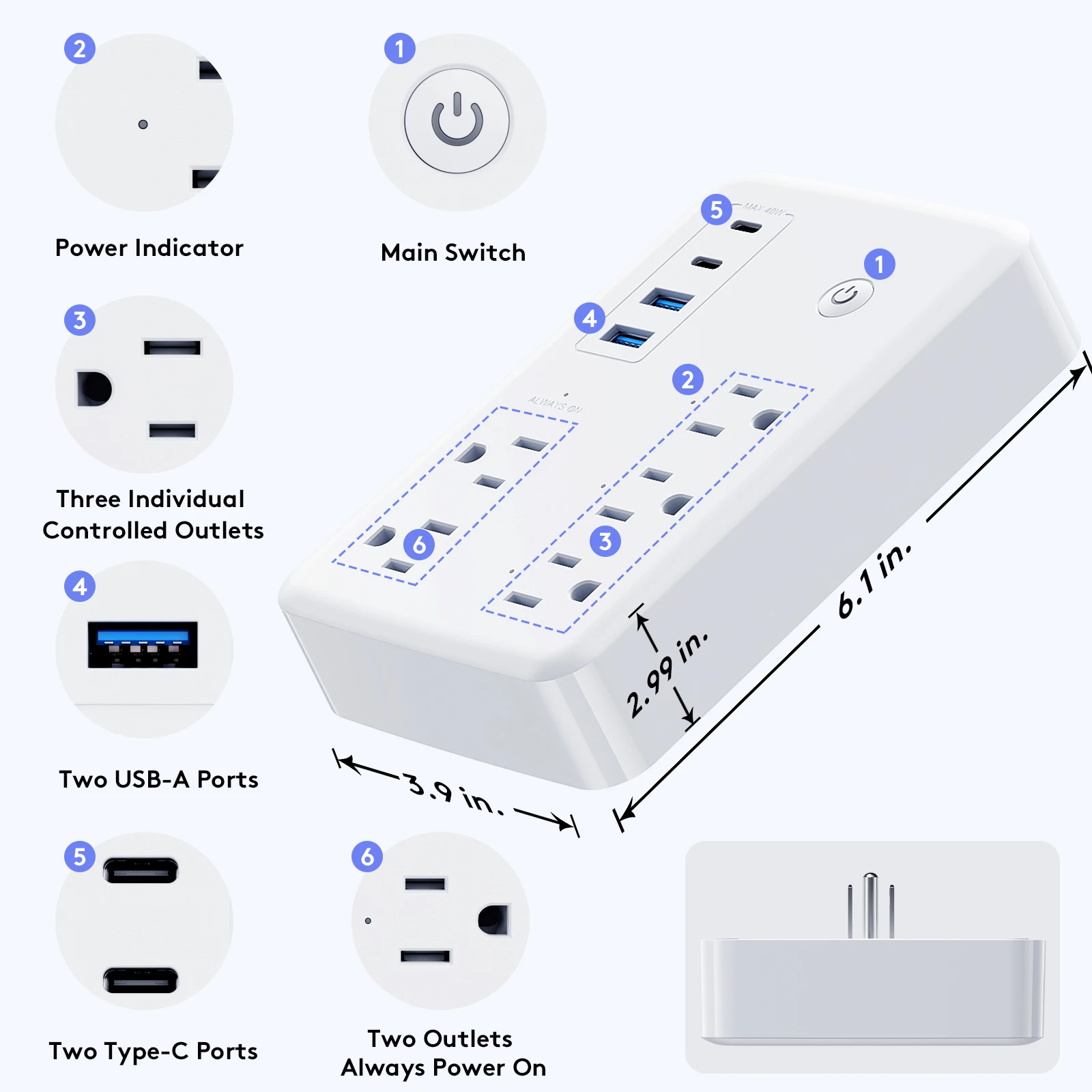 Smart Wifi Socket Nema 5 15r 5 Ac Outlets Us Plug 2 Usb A 2 Usb C Universal Retractable Usb Wifi 1178