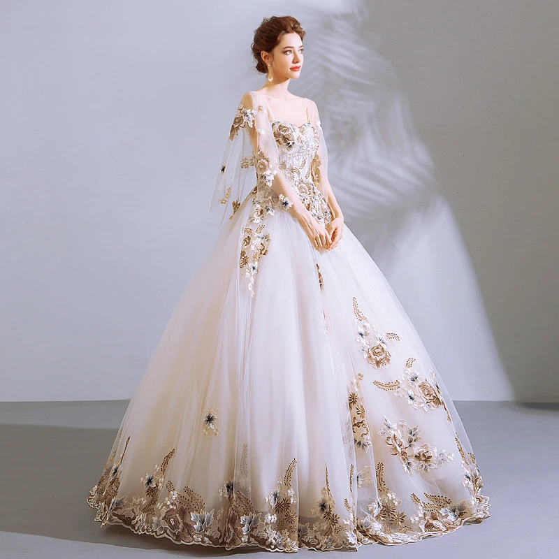 Off The Shoulder Appliqued Lace A Line Bridal Puffy Ball Wedding Dress 2020  For Women