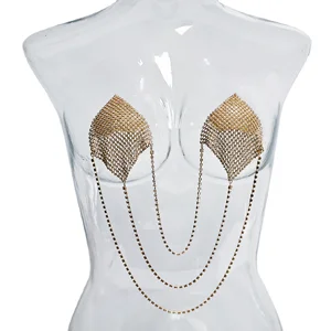 Sexy Golden New Design Reusable 3 Chains Tassels Square Crystal Beaded Alloy Silicone Adhesive Breast Petals Nipple Covers Women