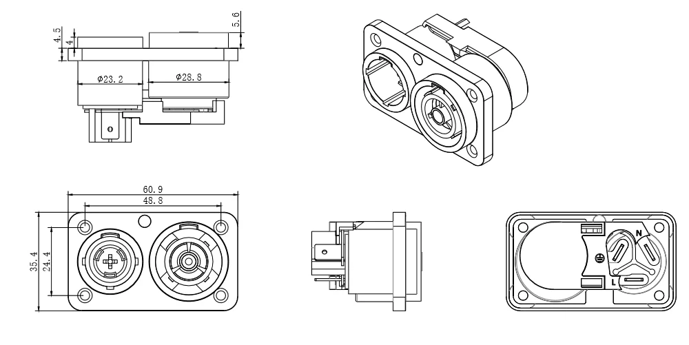 IP65 Outdoor Triple Core 2-in-1 Electrical Connection Lockable PowerCON TRUE1 Chassis Connector with Male Female Pins