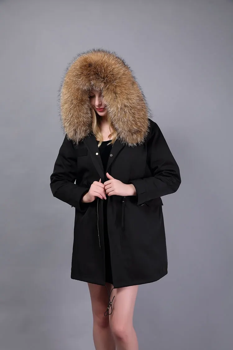 Short Fur Jackets Ladies Synthetic Real Fur Coats Black Padded Parka With  Fur Hood
