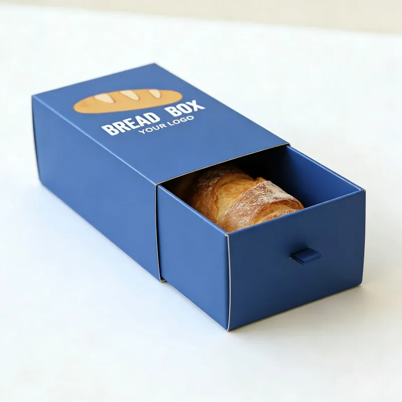 Bocs tynnu ar gyfer bara â logo addasiadwy: Bocs embosiadwy ar gyfer pecynu croissant, rollo cynnamon a scone