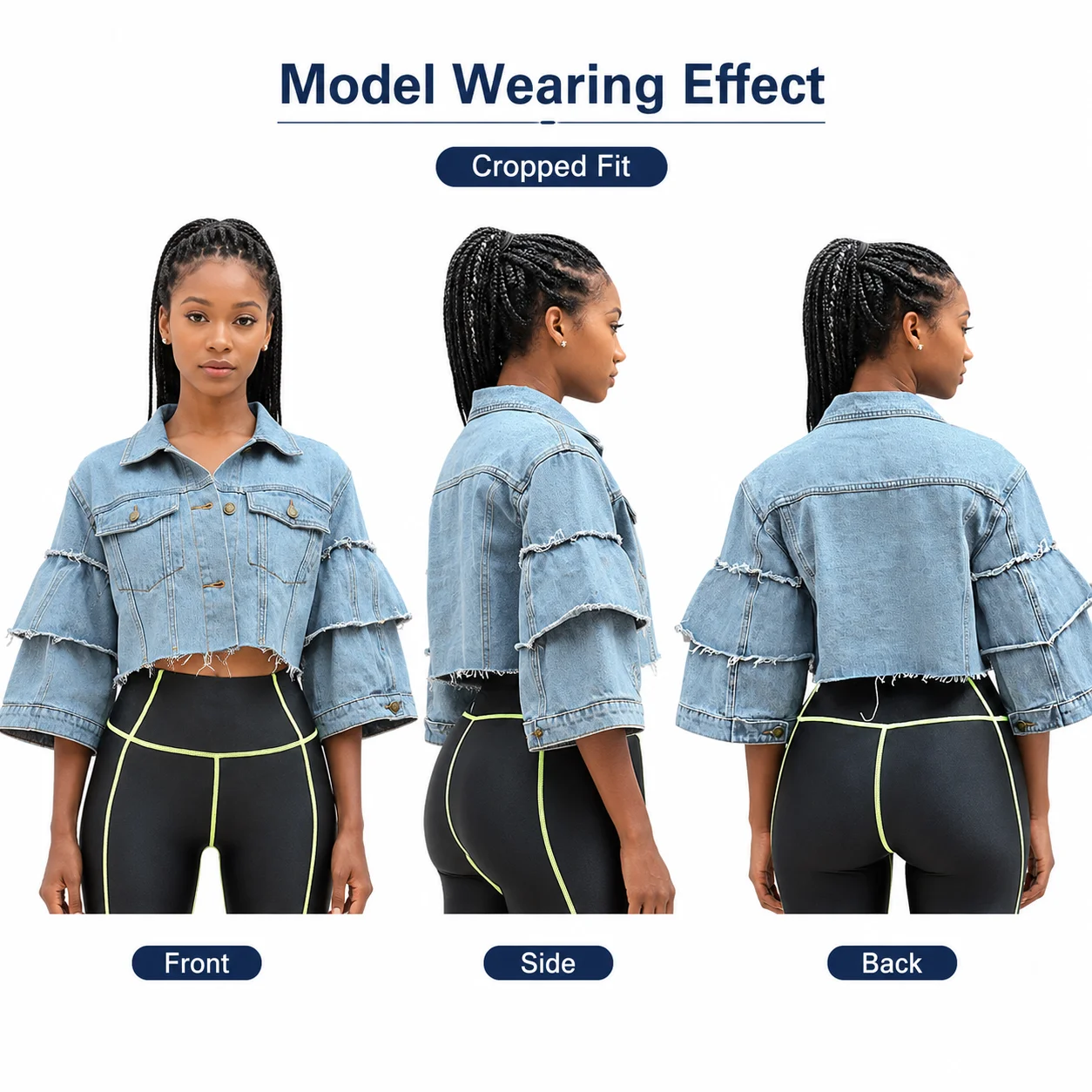 New Fashion Button Tassel Casual Solid Motorcycle Denim Cropped Jacket with Cotton Filling and Pockets for Women