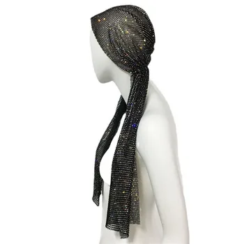 Black Shiny See Through Beach Headscarf Accessories New Glitter Rhinestone Diamonds Head Top Celebrity