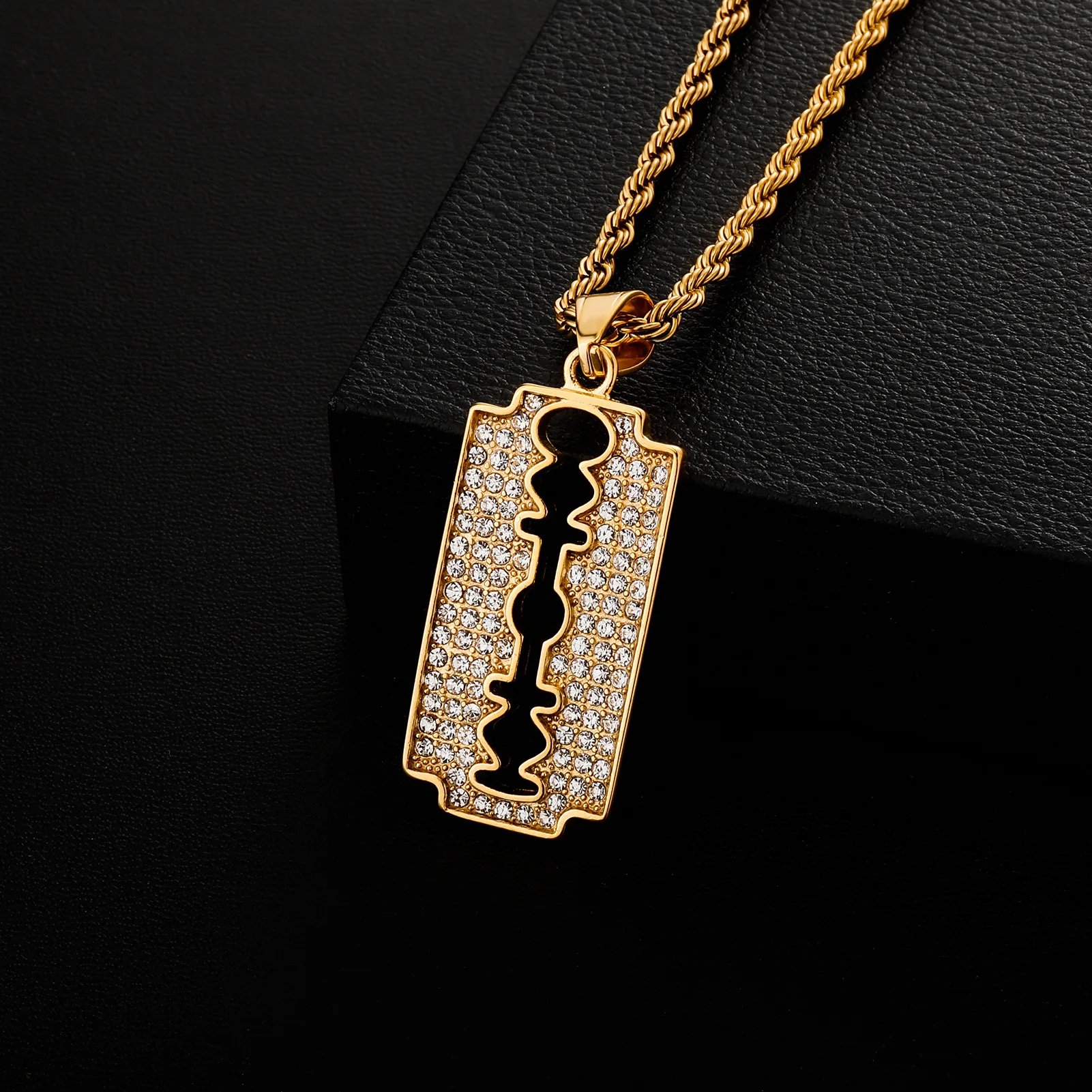 Gold Plated Razor Blade Pendant Iced Out Hip Hop Jewelry
