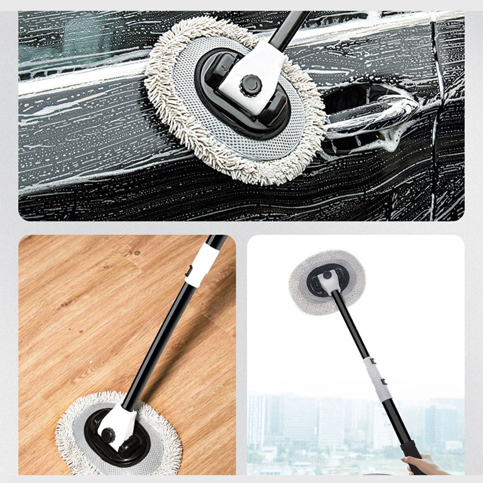 1 Set Car Wash Mops Dust Removal Soft Brush Head 3section Curved Rod