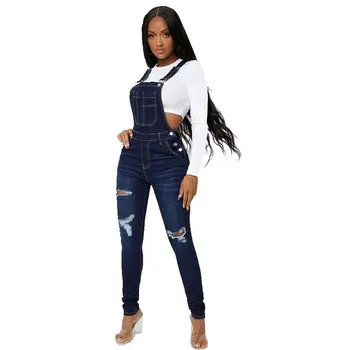 Women's Wholesale Jeans overalls Women's stitch ripped Denim Casual Bodycon Trousers jumpsuit