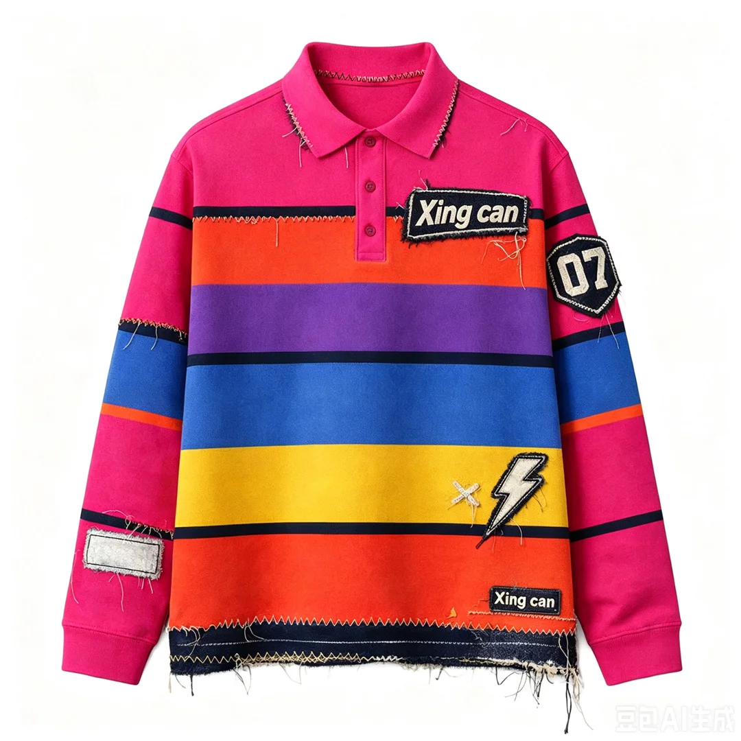 Herres striberede polo-shirts med lange ærmer og rå kanter i patchwork-stil, streetwear, tilpassede vintage-tops med lange ærmer og applikationsbroderi