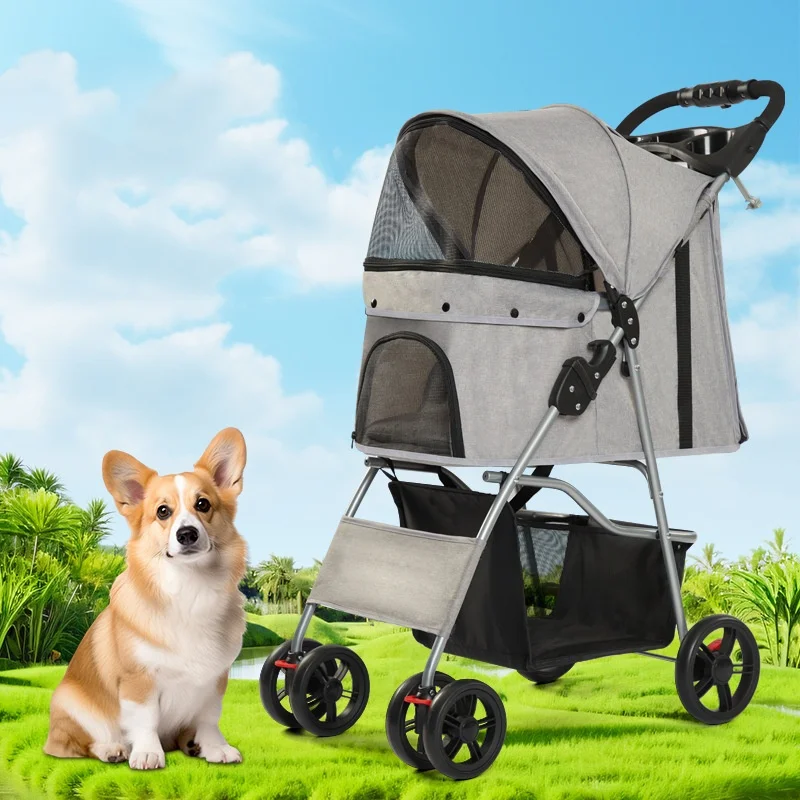Hot-selling 3 and 4 Wheels Folding Pet Stroller Carbon Steel Pet Travel Carrier Car Cat Dog Stroller Trolley with Cup Holder
