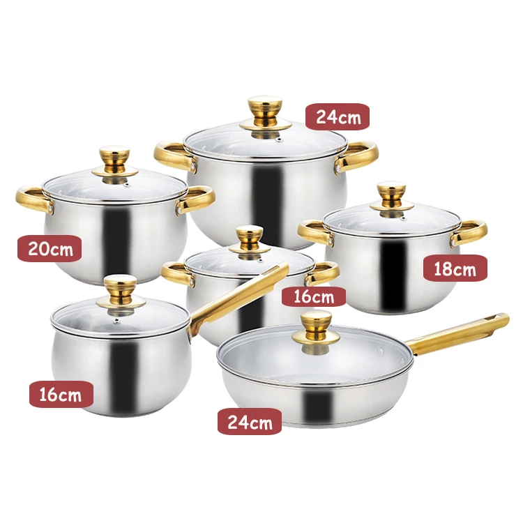 12pcs Pot with Glass Pot Lid Uncoated Stainless Steel Pot Set Household All  Applicable Golden Handle with Kettle Cooking Pot Set
